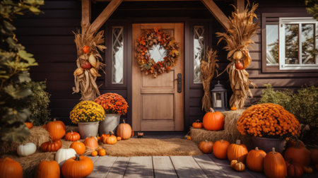 Decorated front door with pumpkins and other Halloween decorationsの素材
