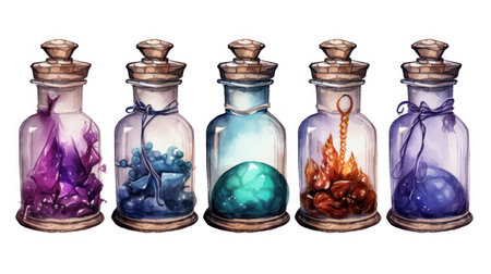 Halloween watercolor hand drawn illustration of magic potion bottles, isolated on white backgroundの素材