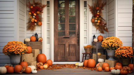Decorated front door with pumpkins and other Halloween decorationsの素材
