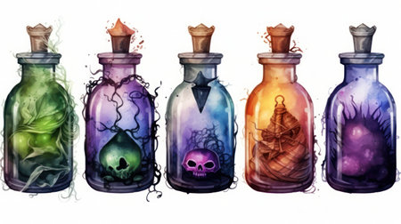 Halloween watercolor hand drawn illustration of magic potion bottles, isolated on white backgroundの素材