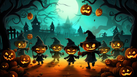 Halloween theme with group of kids in costumes, pumpkins illustrationの素材