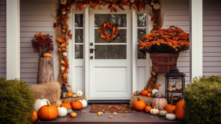Decorated front door with pumpkins and other Halloween decorationsの素材