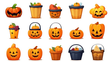 Halloween pumpkin icons set, cartoon illustration of 9 Halloween pumpkin icons on white backgroundの素材