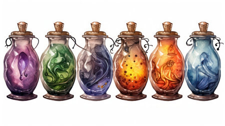 Halloween watercolor hand drawn illustration of magic potion bottles, isolated on white backgroundの素材