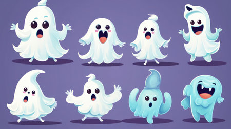 Halloween set of cute cartoon ghosts, illustration isolated on white backgroundの素材