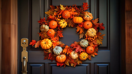 Thanksgiving decoration, pumpkins, leaves, berries at front of houseの素材