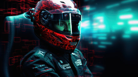 Portrait of a young man in a racing suit and helmetの素材