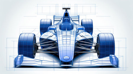 3D rendering of a formula race car, blue isolated on white backgroundの素材
