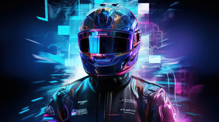 Portrait of a young man in a racing suit and helmetの素材