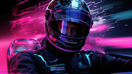 Portrait of a young man in a racing suit and helmetの素材