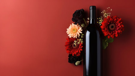 Bottle of red wine with flowers, red backgroundの素材