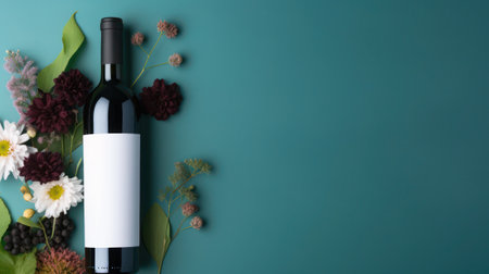 Wine bottle with blank label and white flowers, aquamarine backgroundの素材