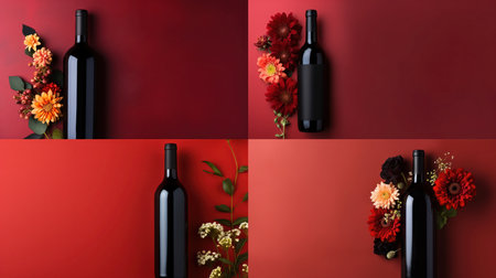 Bottle of red wine with flowers, red backgroundの素材