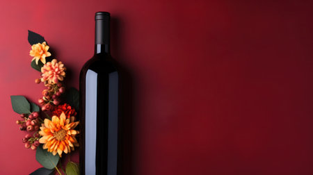 Bottle of red wine with flowers, red backgroundの素材