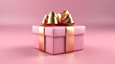 Pink gift box with golden bow and pink backgroundの素材