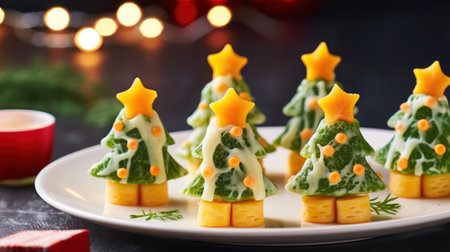 Festive Christmas tree bites and cheese canapes, generative aiの素材