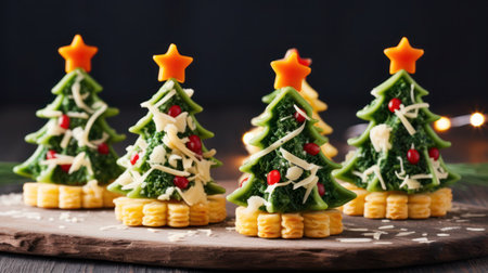 Festive Christmas tree bites and cheese canapes, generative aiの素材