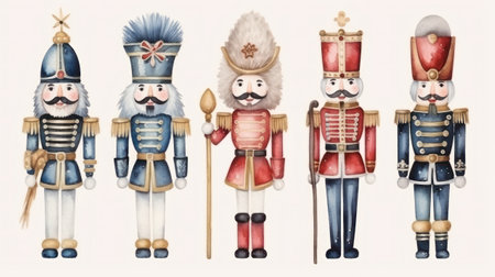 Set hand-drawn nutcracker soldier, generative aiの素材