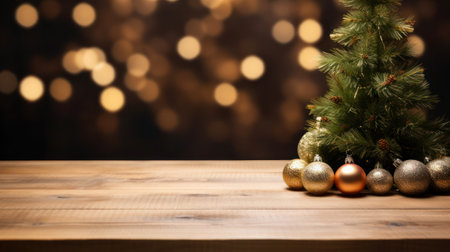 Wooden table and Christmas decoration, generative aiの素材