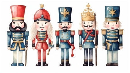 Set hand-drawn nutcracker soldier, generative aiの素材