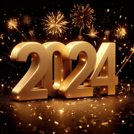 Happy new year 2024 with gold firework and bokeh backgroundの素材