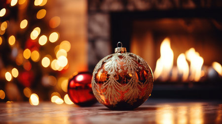 Christmas tree with a fireplace, burning candlesの素材