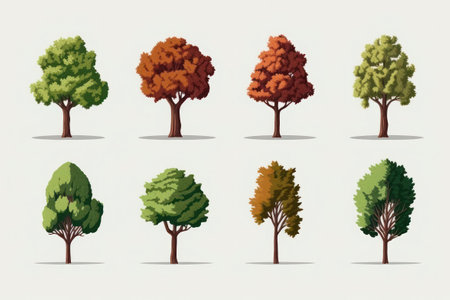Set pixel trees isolated on white backgroundの素材