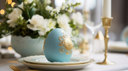 Easter table setting with Easter eggs in blue, gold colorの素材