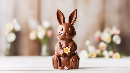Chocolate Easter bunny with flowers on a white wooden backgroundの素材