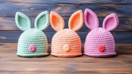 Easter eggs in crochet hats with bunny ears, generative aiの素材