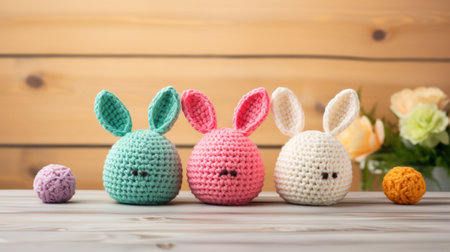 Easter eggs in crochet hats with bunny ears, generative aiの素材