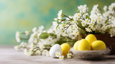 Easter eggs in pastel colors, spring flowers on a white backgroundの素材