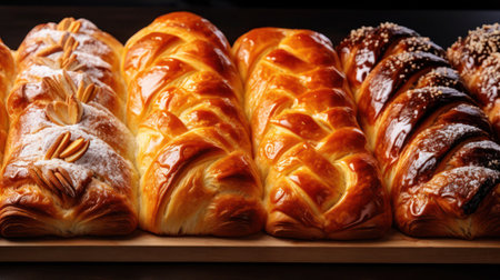 Variety of sweet buns on wooden background, generative aiの素材