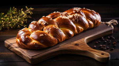 Sweet braided bread with sesame seeds, honey on a dark wooden background, generative aiの素材
