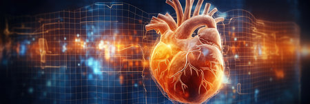 A panoramic view of a human heart displayed on a high-tech digital interface, with data and health indicators flowing around it. AI generatedの素材