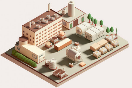 Aerial view of a modern food processing plant with stacks of packaged products, AI Generatedの素材