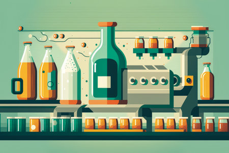 Bottling plans in full operation with conveyor belt moving bottles of various shapes and sizes, AI Generatedの素材