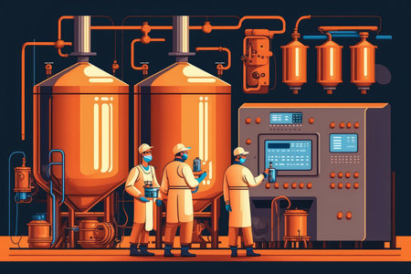 Brewery illustration with large stainless-steel fermentation tanks and workers in protective gear monitoring the brewing process, AI Generatedの素材