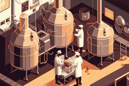 Brewery illustration with large stainless-steel fermentation tanks and workers in protective gear monitoring the brewing process, AI Generatedの素材