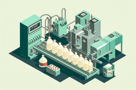 Bottling plans in full operation with conveyor belt moving bottles of various shapes and sizes, AI Generatedの素材