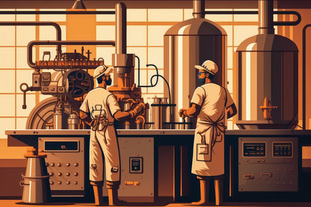 Brewery illustration with large stainless-steel fermentation tanks and workers in protective gear monitoring the brewing process, AI Generatedの素材