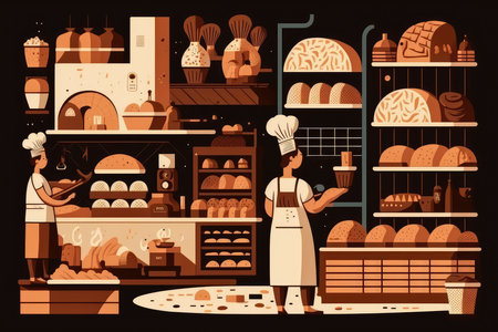 Baking the Perfect Loaf vector style Illustration of a Bustling Bakery with Artisanal Ovens and Kneading Dough, AI Generatedの素材