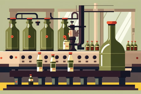 Bottling plant with conveyor belts moving bottles of olive oil and labeling machines in the background, AI Generatedの素材