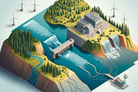 Aerial View of a Hydroelectric Dam Harnessing the Power of Water, AI Generatedの素材