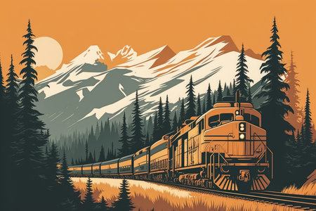 Cargo train passing through a scenic mountain landscape, AI Generatedの素材