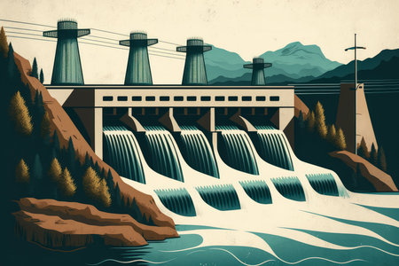 Hydroelectricity in Motion vector style Illustration of a Dam and Turbines Harnessing the Power of Water, AI Generatedの素材