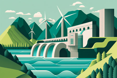 Hydroelectricity in Motion vector style Illustration of a Dam and Turbines Harnessing the Power of Water, AI Generatedの素材