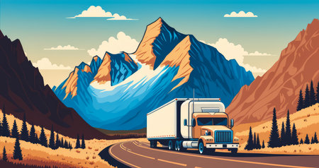 delivery truck transporting goods on a winding road with mountains in the background and a bright blue sky overhead, AI Generatedの素材