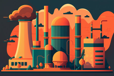 Creative vector style graphic of a nuclear power plant with reactors and pipes, steam and cooling water flowing, AI Generatedの素材