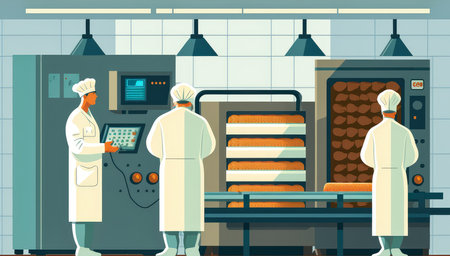 Food processing plant workers in lab coats conducting quality control tests on products, AI Generatedの素材